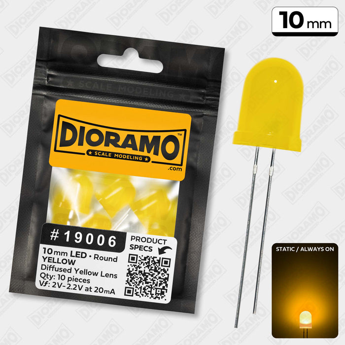 10mm Yellow LED. Diffused Yellow Lens. Round. 10 pcs.