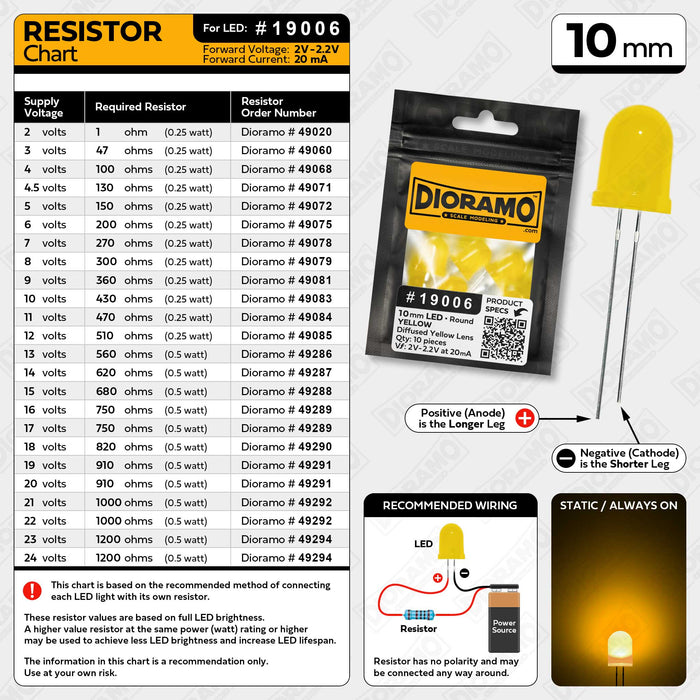 10mm Yellow LED. Diffused Yellow Lens. Round. 10 pcs.