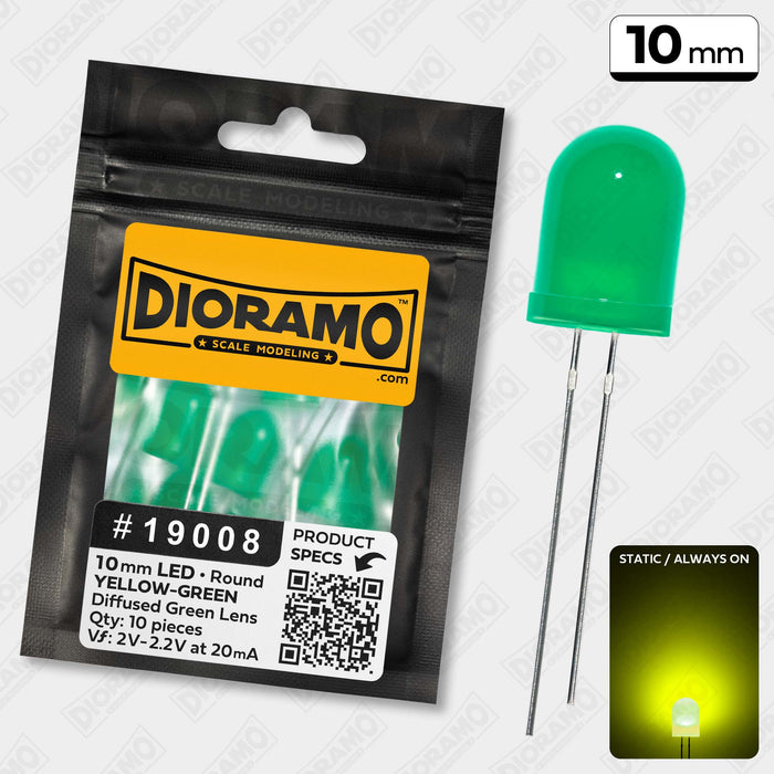 10mm Yellow-Green LED. Diffused Green Lens. Round. 10 pcs.