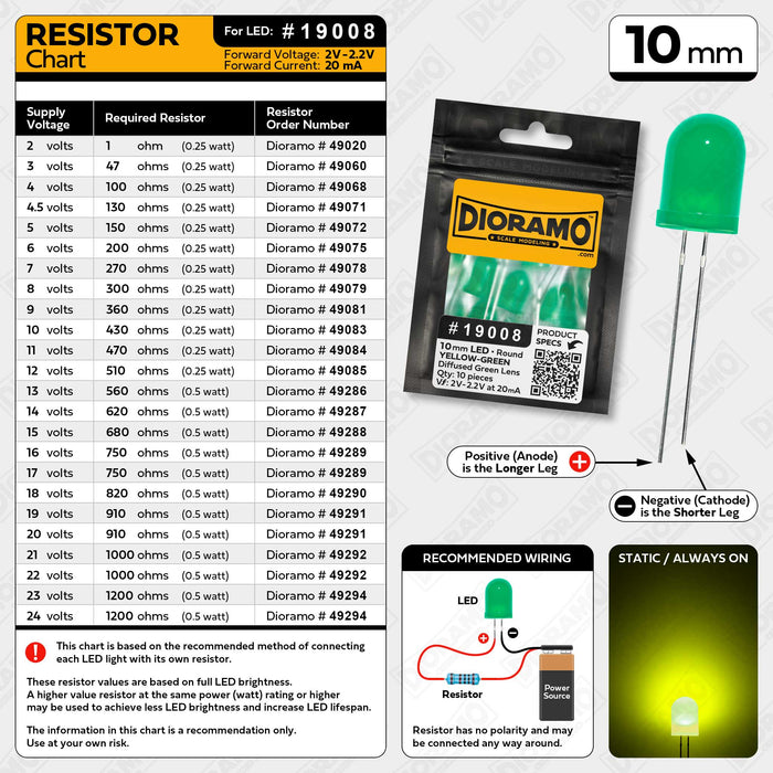 10mm Yellow-Green LED. Diffused Green Lens. Round. 10 pcs.