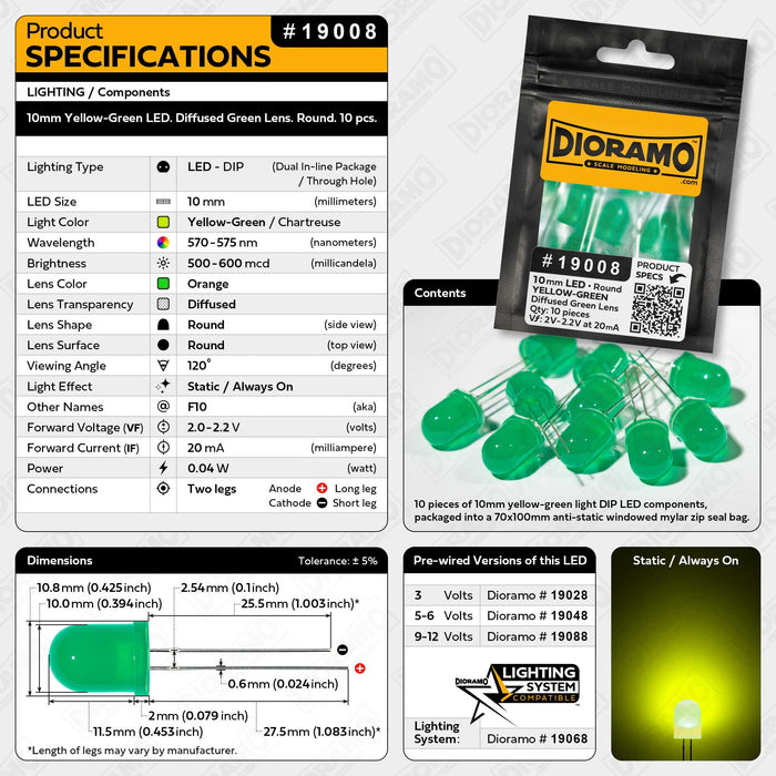 10mm Yellow-Green LED. Diffused Green Lens. Round. 10 pcs.