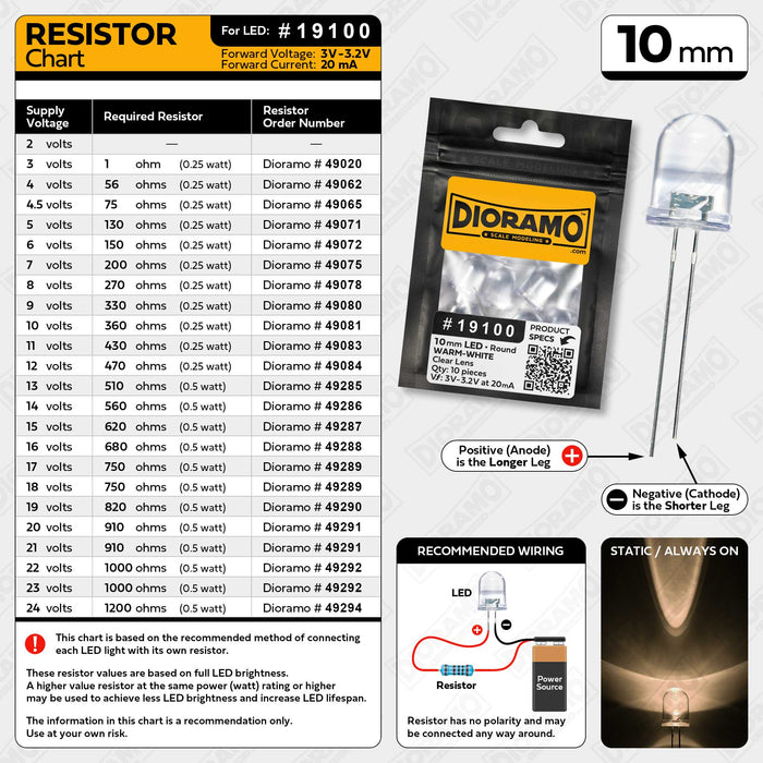 10mm Warm-White LED. Clear Lens. Round. 10 pcs.