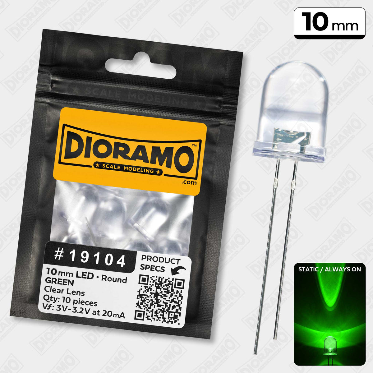 10mm Green LED. Clear Lens. Round. 10 pcs. — Dioramo Scale Modeling