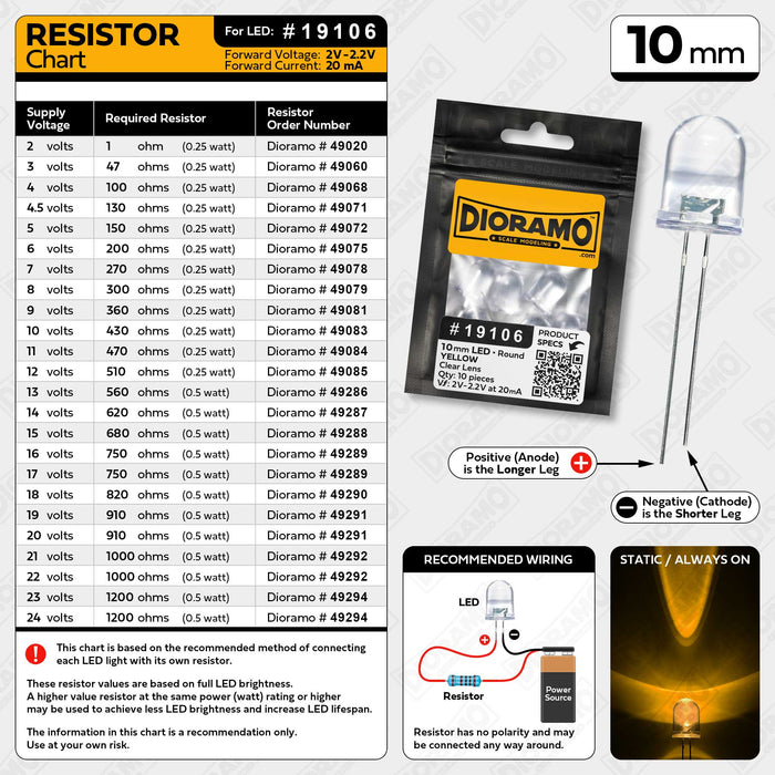 10mm Yellow LED. Clear Lens. Round. 10 pcs.