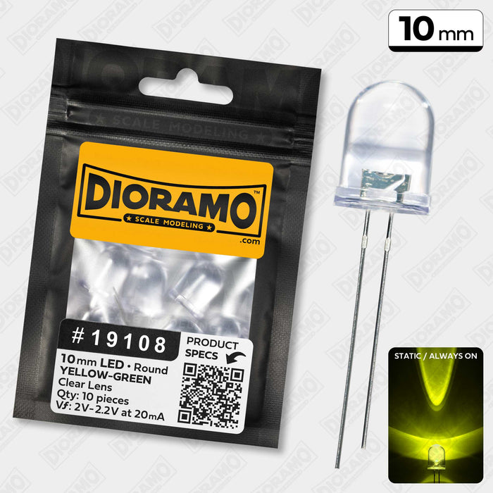 10mm Yellow-Green LED. Clear Lens. Round. 10 pcs.