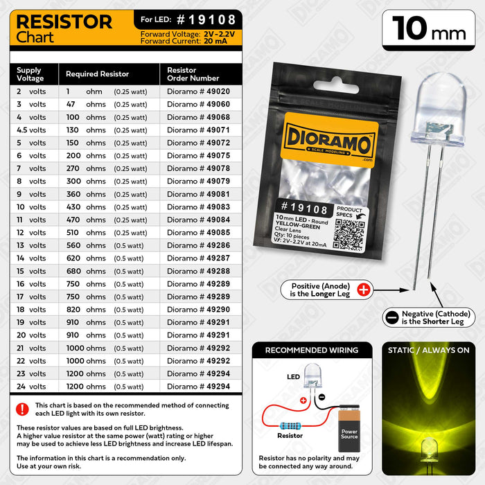 10mm Yellow-Green LED. Clear Lens. Round. 10 pcs.