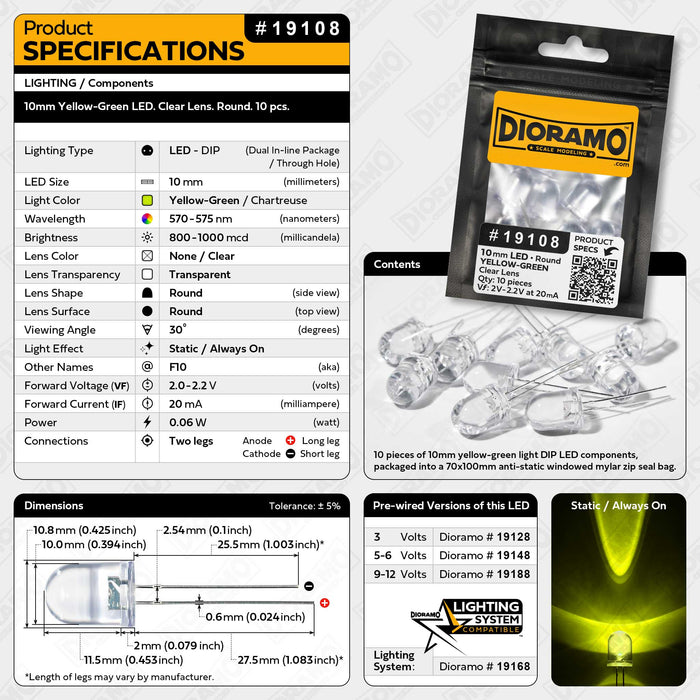 10mm Yellow-Green LED. Clear Lens. Round. 10 pcs.