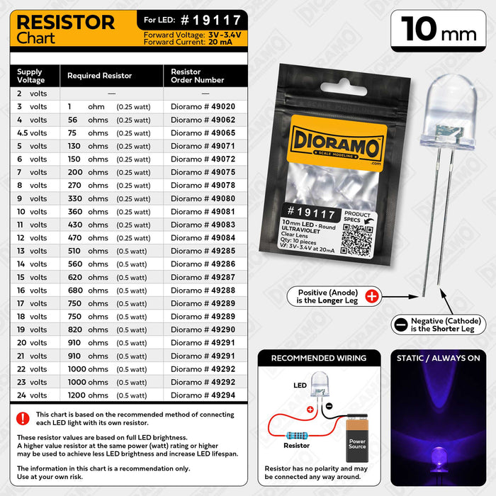 10mm Ultraviolet LED. Clear Lens. Round. 10 pcs.