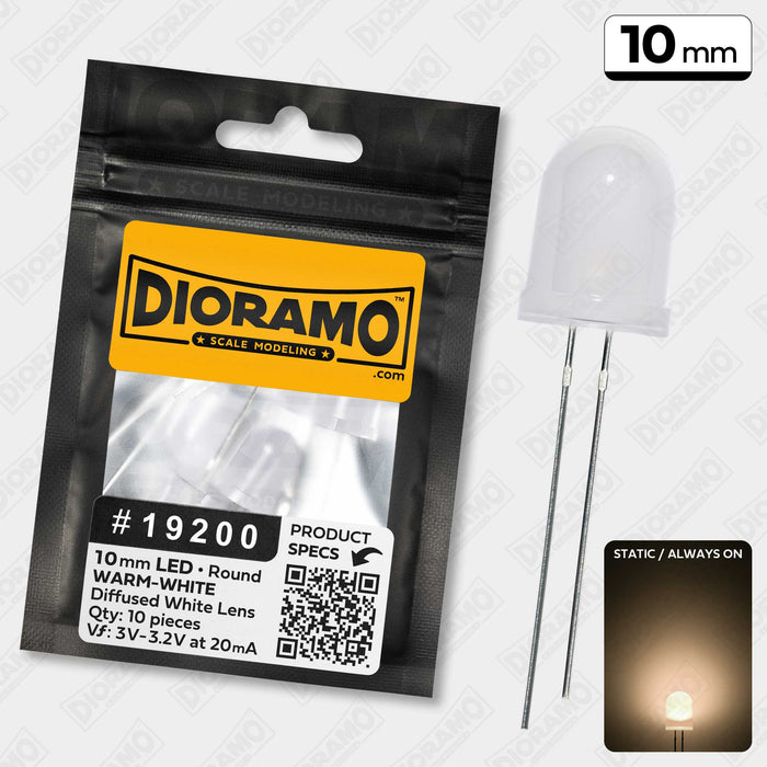 10mm Warm-White LED. Diffused White Lens. Round. 10 pcs.