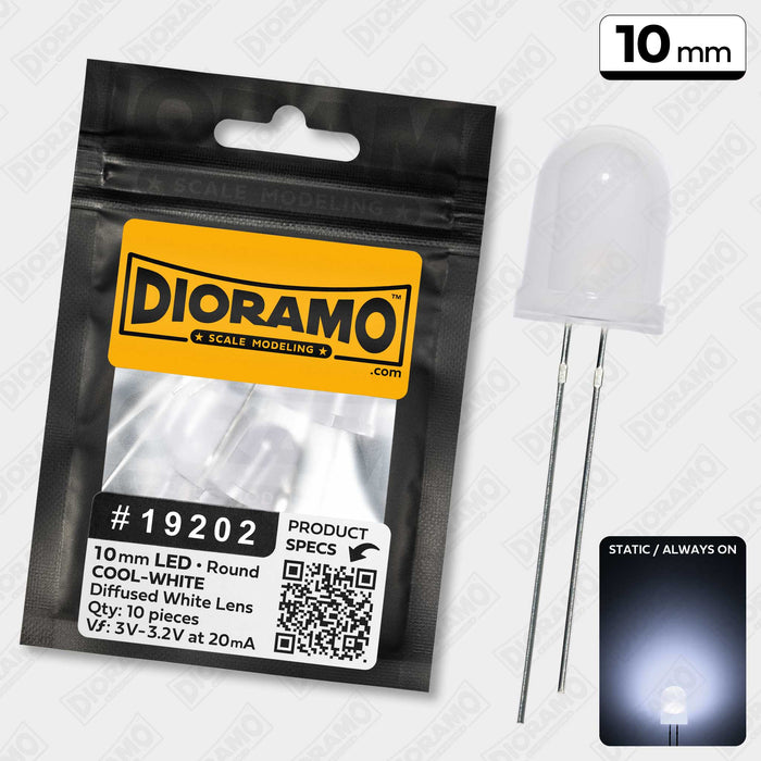 10mm Cool-White LED. Diffused White Lens. Round. 10 pcs.