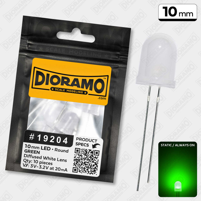 10mm Green LED. Diffused White Lens. Round. 10 pcs.