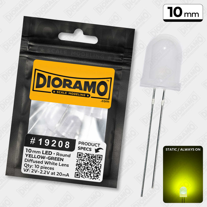 10mm Yellow-Green LED. Diffused White Lens. Round. 10 pcs.