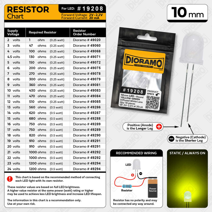 10mm Yellow-Green LED. Diffused White Lens. Round. 10 pcs.