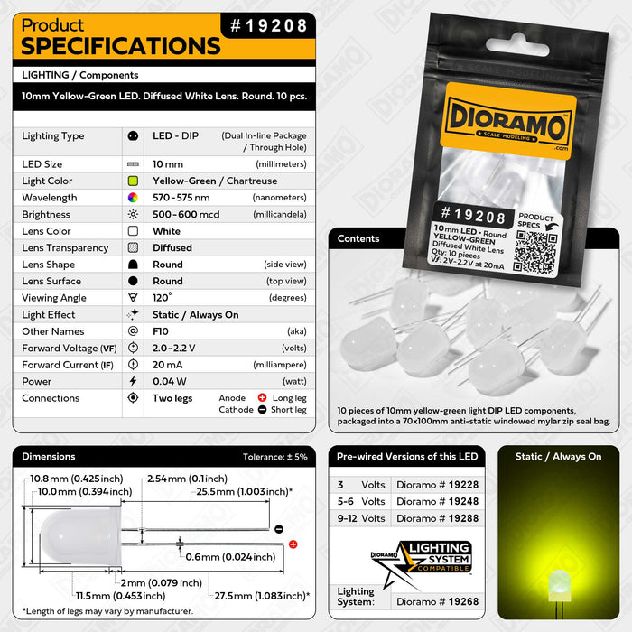 10mm Yellow-Green LED. Diffused White Lens. Round. 10 pcs.