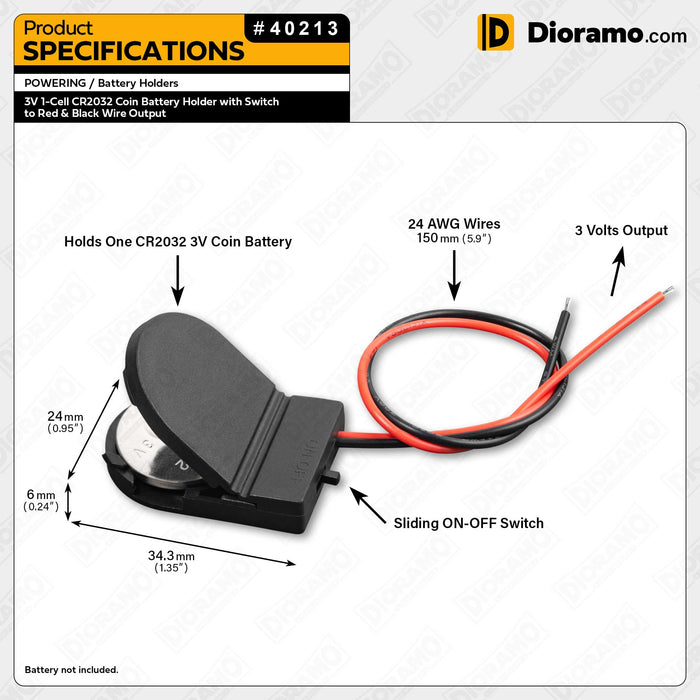 3V 1-Cell CR2032 Battery Holder with Switch to Red & Black Wire Output