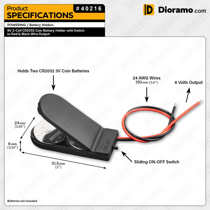 6V 2-Cell CR2032 Battery Holder with Switch to Red & Black Wire Output