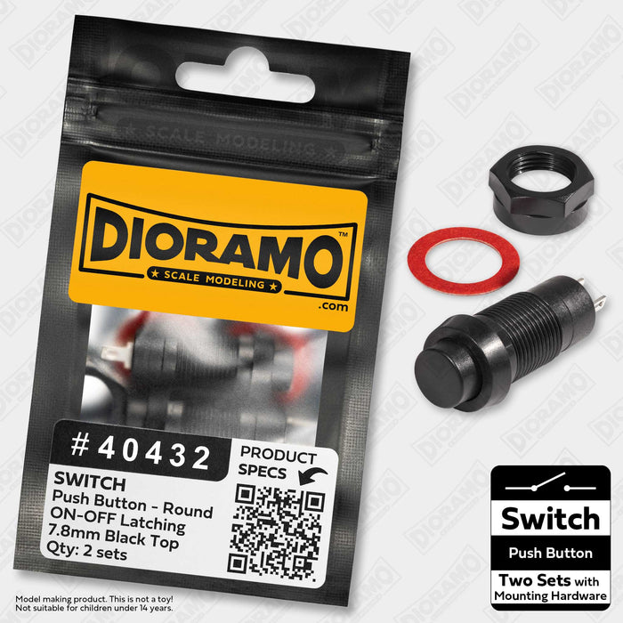 Switch ON-OFF Latching Push Button with Round 7.8mm Black Top. 2 sets.