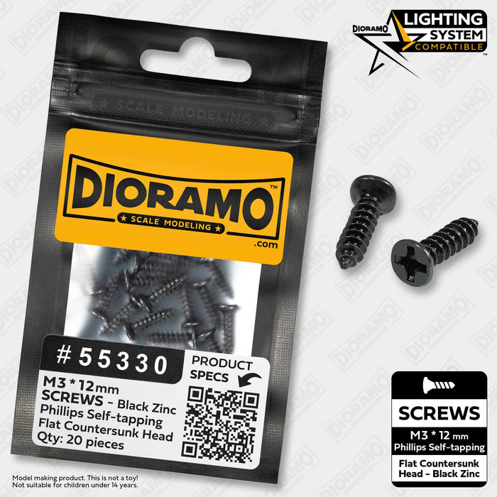 M3*12 Phillips Self-tapping Screw. Black Zinc Countersunk Head. 20 pcs.