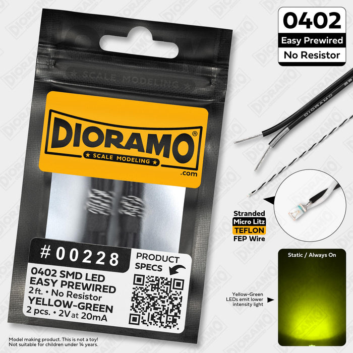 0402 Yellow-Green SMD LED. No Resistor Easy Prewired 2ft. 2 pcs.