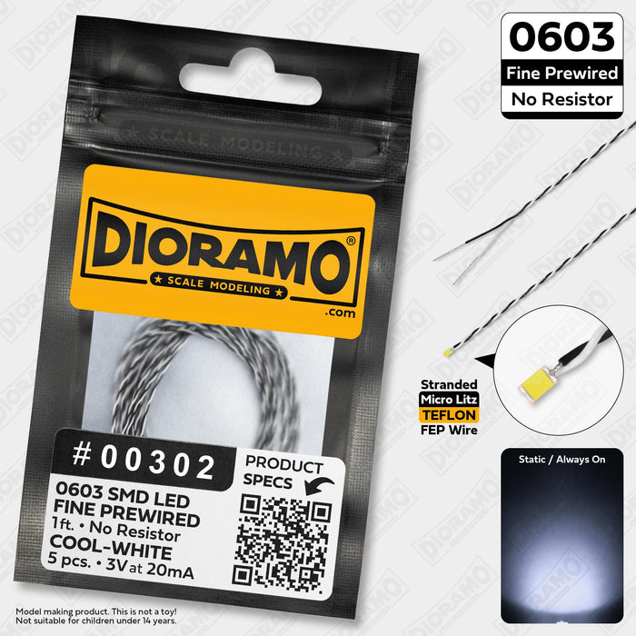 0603 Cool-White SMD LED. No Resistor Fine Prewired 1ft. 5 pcs.