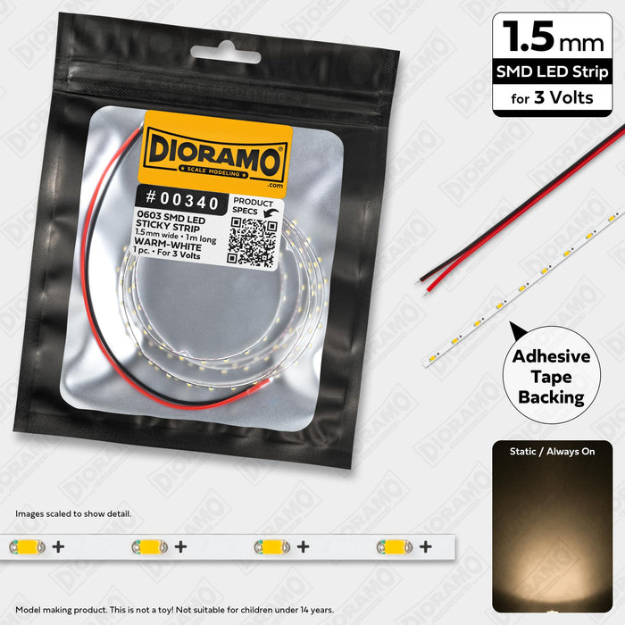 0603 Warm-White SMD LED. 3V Sticky 1.5mm Strip Light. 1m.