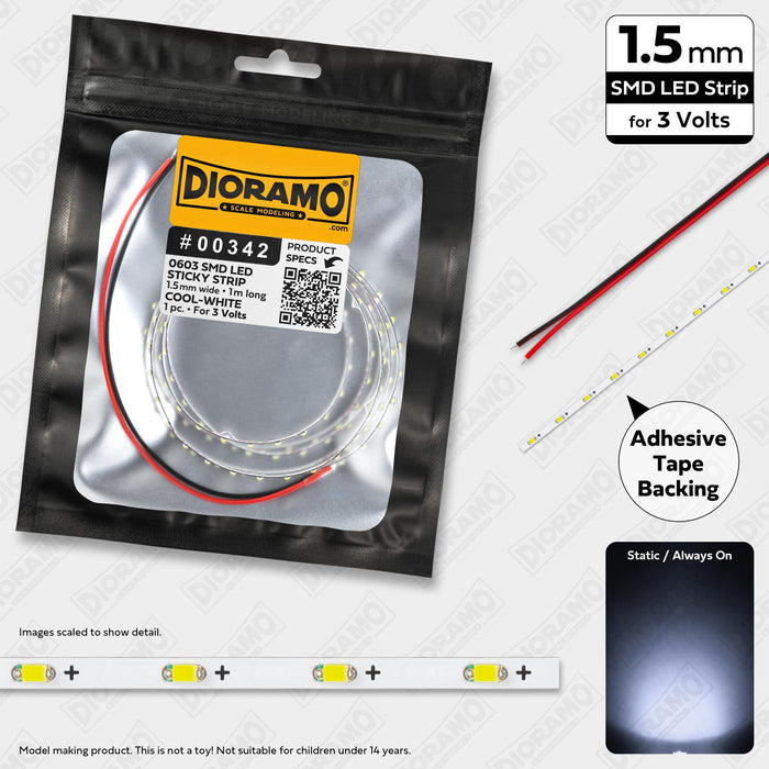 0603 Cool-White SMD LED. 3V Sticky 1.5mm Strip Light. 1m.
