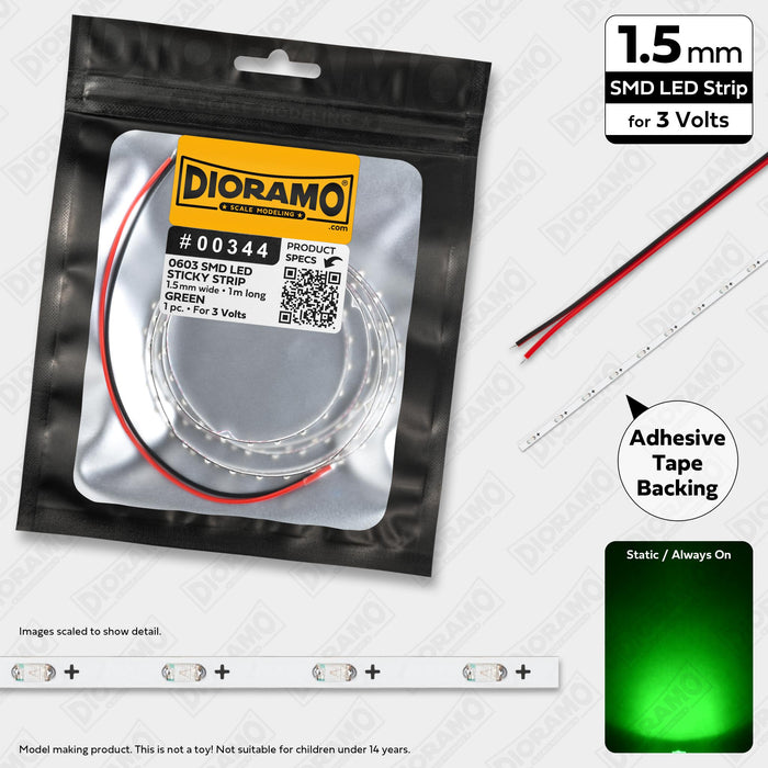 0603 Green SMD LED. 3V Sticky 1.5mm Strip Light. 1m.