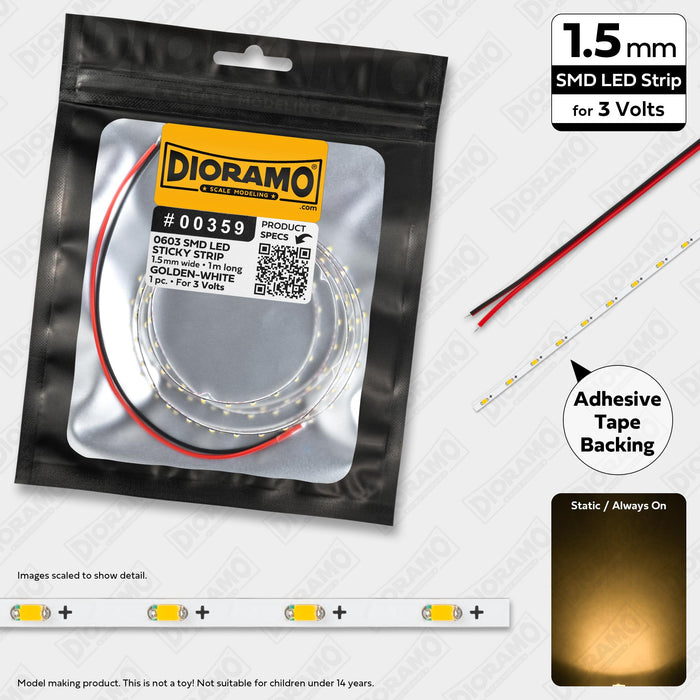 0603 Golden-White SMD LED. 3V Sticky 1.5mm Strip Light. 1m.