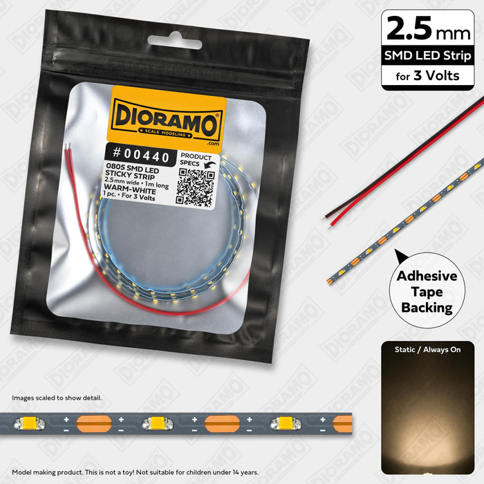 0805 Warm-White SMD LED. 3V Sticky 2.5mm Strip Light. 1m.