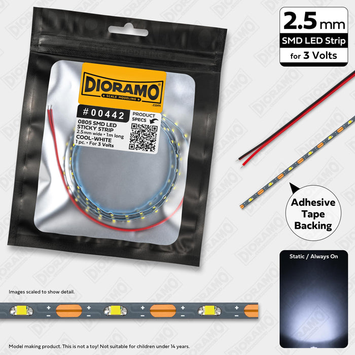 0805 Cool-White SMD LED. 3V Sticky 2.5mm Strip Light. 1m.