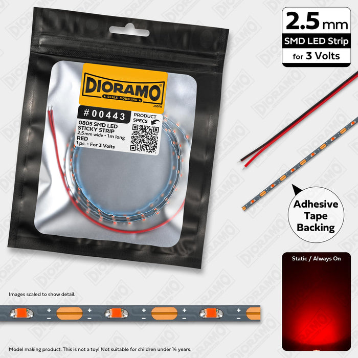 0805 Red SMD LED. 3V Sticky 2.5mm Strip Light. 1m.