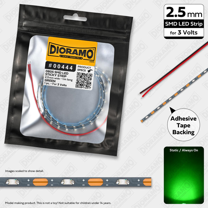 0805 Green SMD LED. 3V Sticky 2.5mm Strip Light. 1m.