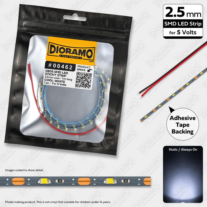 0805 Cool-White SMD LED. 5V Sticky 2.5mm Strip Light. 1m.