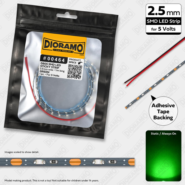 0805 Green SMD LED. 5V Sticky 2.5mm Strip Light. 1m.