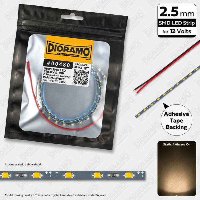 0805 Warm-White SMD LED. 12V Sticky 2.5mm Strip Light. 1m.
