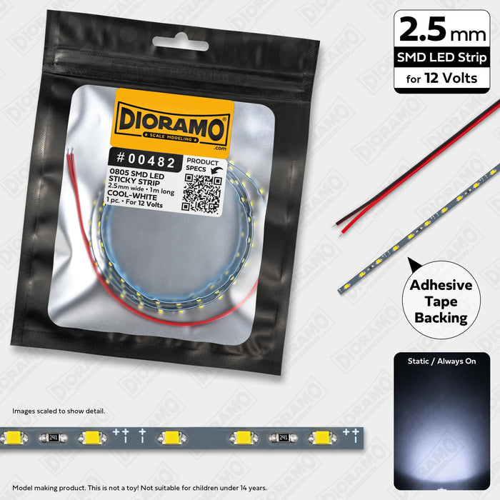0805 Cool-White SMD LED. 12V Sticky 2.5mm Strip Light. 1m.