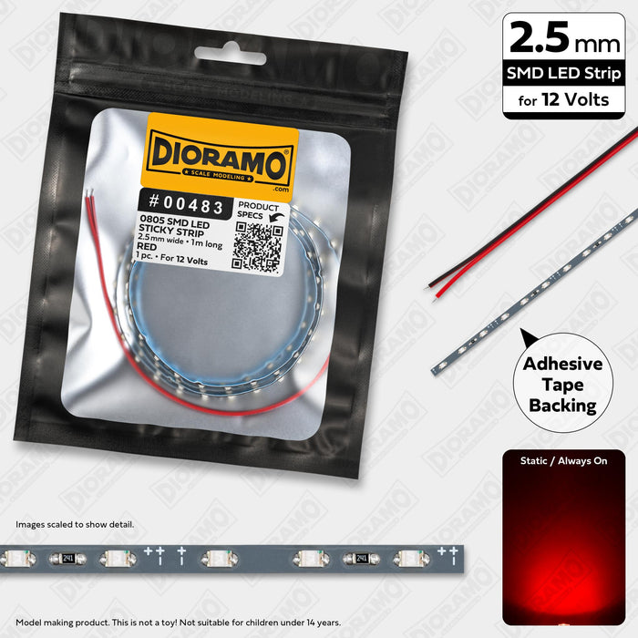 0805 Red SMD LED. 12V Sticky 2.5mm Strip Light. 1m.