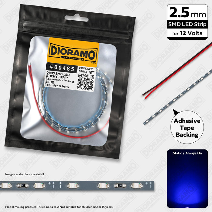 0805 Blue SMD LED. 12V Sticky 2.5mm Strip Light. 1m.