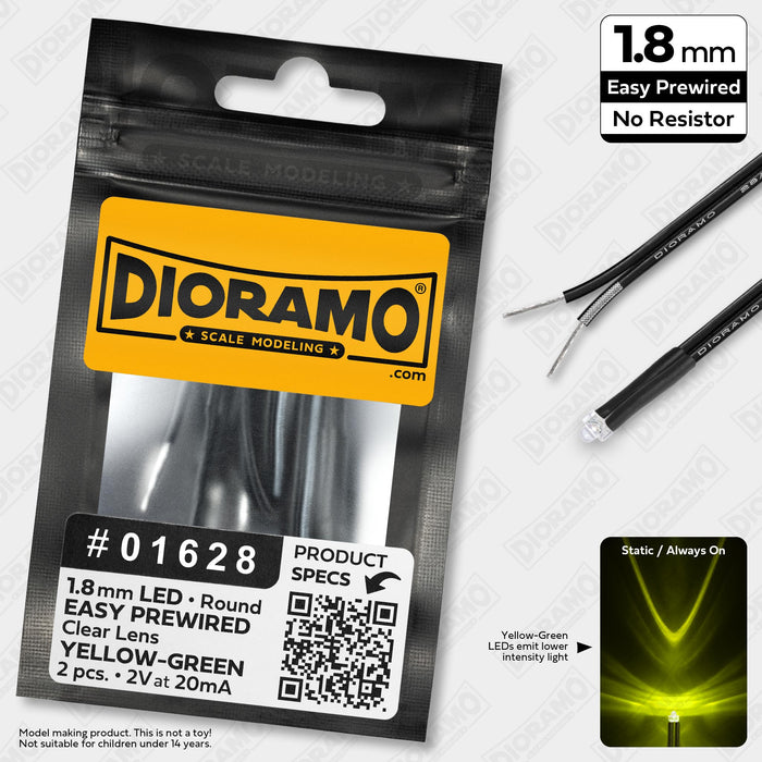 1.8mm Yellow-Green LED. Clear Lens. No Resistor Prewired. 2 pcs.