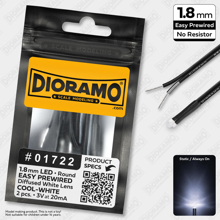 1.8mm Cool-White LED. Diffused White Lens. No Resistor Prewired. 2 pcs.
