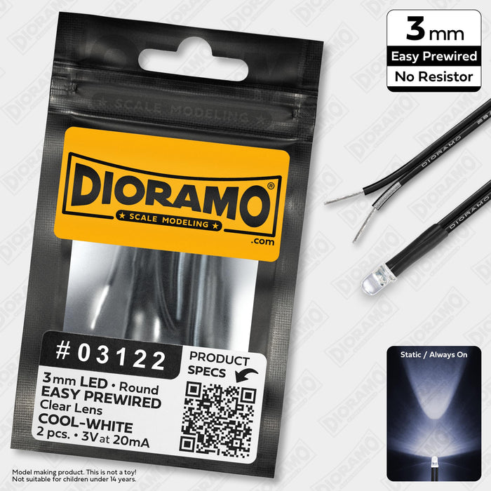 3mm Cool-White LED. Clear Lens. No Resistor Prewired. 2 pcs.