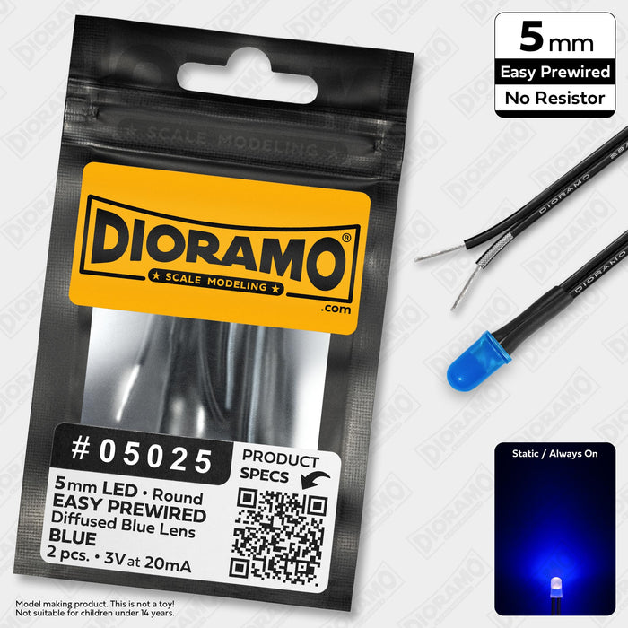 5mm Blue LED. Diffused Blue Lens. No Resistor Prewired. 2 pcs.