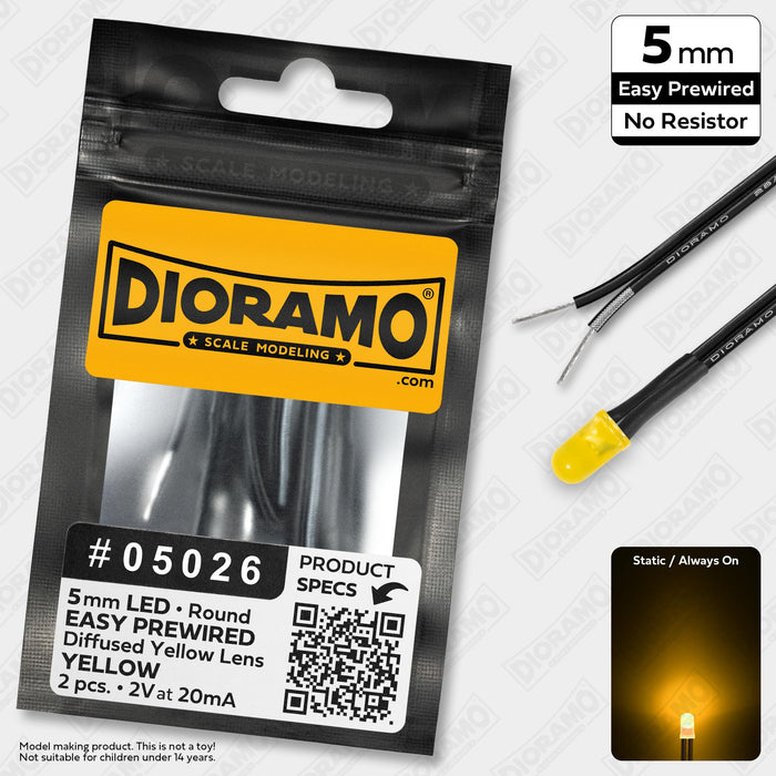 5mm Yellow LED. Diffused Yellow Lens. No Resistor Prewired. 2 pcs.