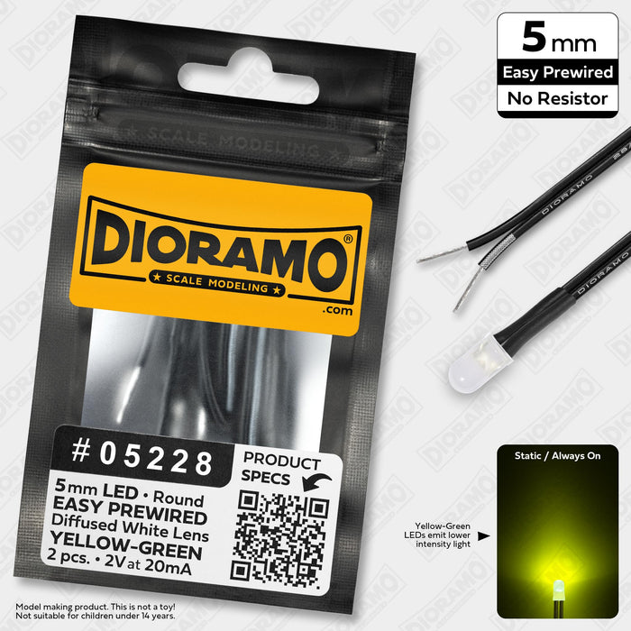 5mm Yellow-Green LED. Diffused White Lens. No Resistor Prewired. 2 pcs