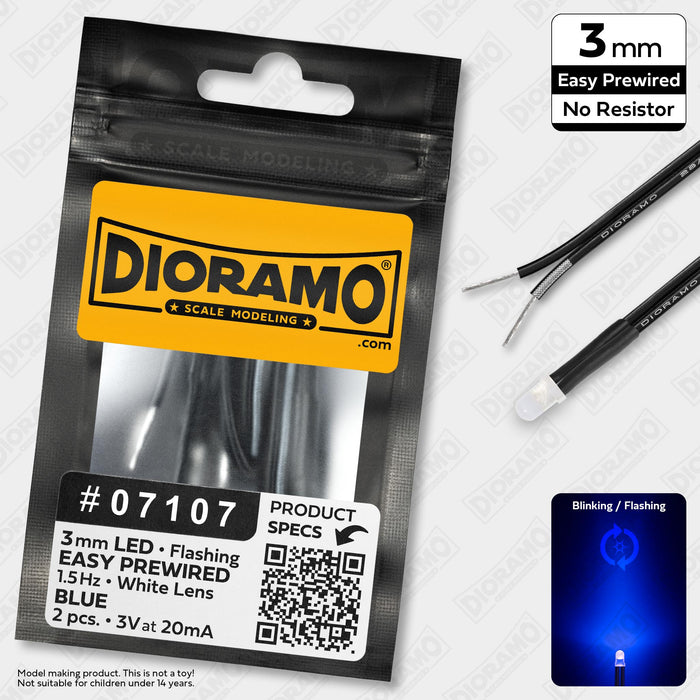 3mm Blue Flashing LED. 1.5 Hz. White Lens. No Resistor Prewired. 2 pcs