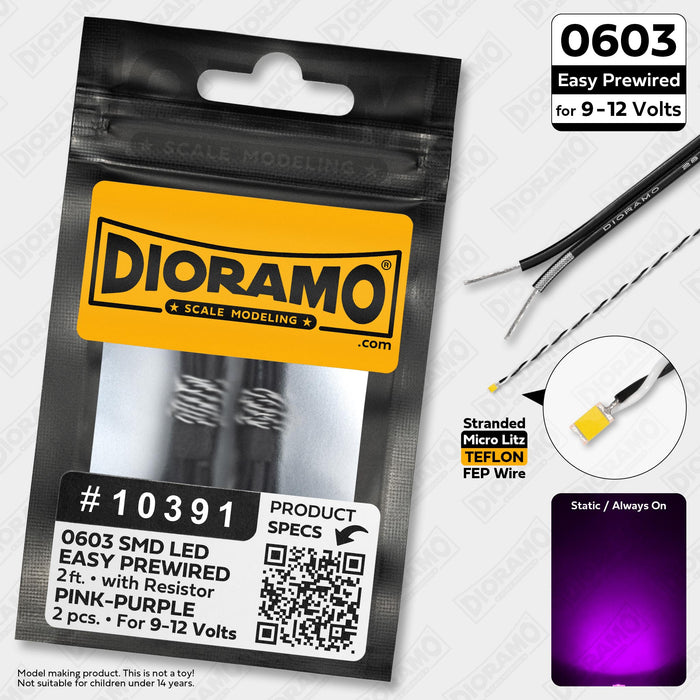 0603 Pink-Purple SMD LED. 9-12 Volts Easy Prewired 2ft. 2 pcs.