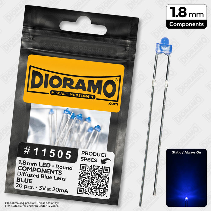 1.8mm Blue LED Components. Diffused Blue Lens. Round. 20 pcs.