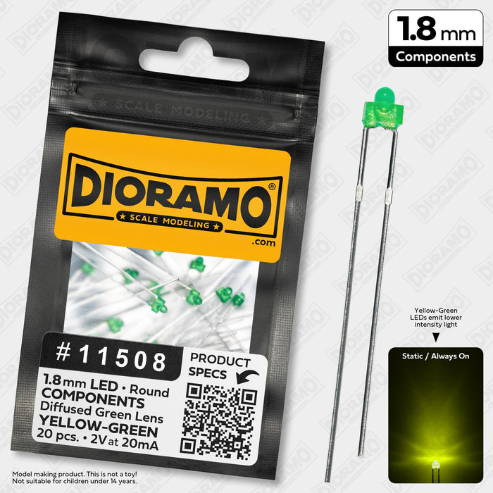 1.8mm Yellow-Green LED Components. Diffused Green Lens. Round. 20 pcs.