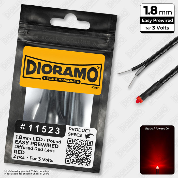 1.8mm Red LED. Diffused Red Lens. 3V Prewired 1ft. 2 pcs.