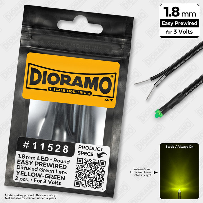 1.8mm Yellow-Green LED. Diffused Green Lens. 3V Prewired 1ft. 2 pcs.